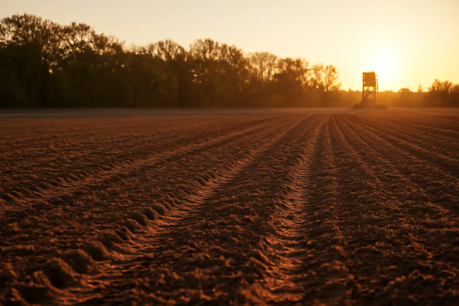 Freshly tilled food plot field ready for planting at sunset