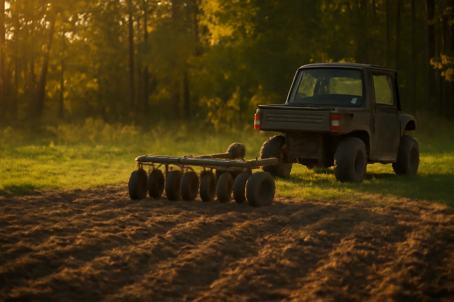 UTV food plot planter disk implement hitched at edge of freshly worked plot
