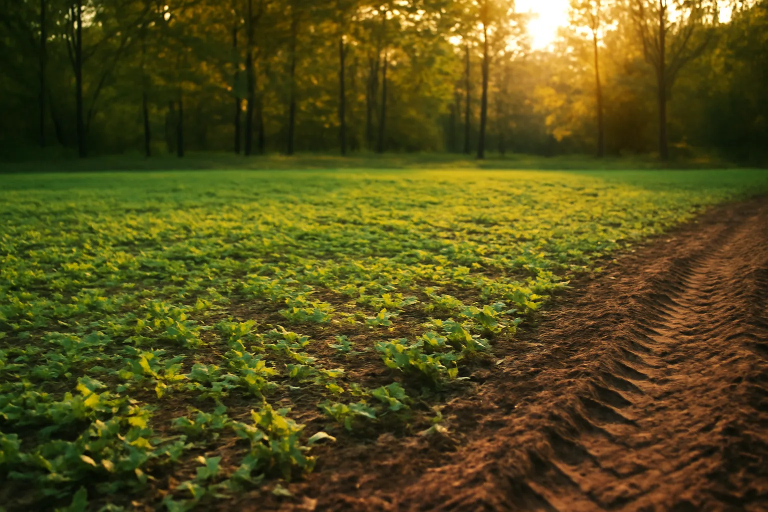 A 1 acre food plot of clover and brassicas cut into a hardwood treeline at dusk