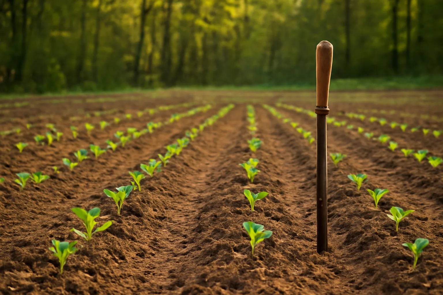 Freshly planted food plot rows with young brassica shoots at forest edge in late afternoon light