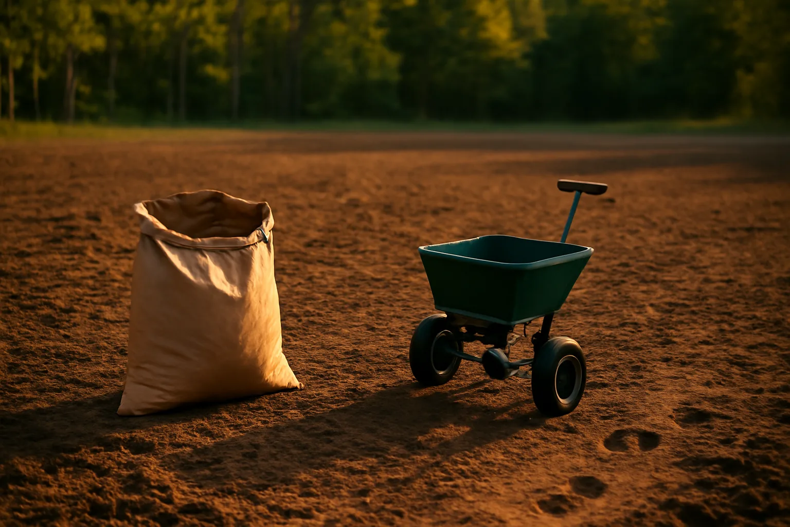 Fifty pound food plot seed bag and spreader on freshly tilled soil at woods edge