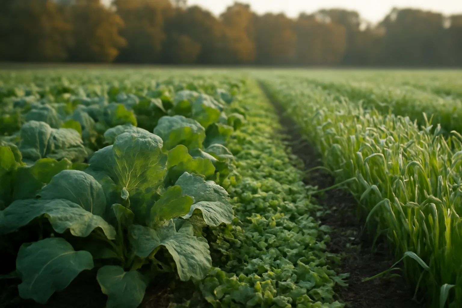 Mixed fall food plot with brassica, clover, and oats growing in rows at sunrise