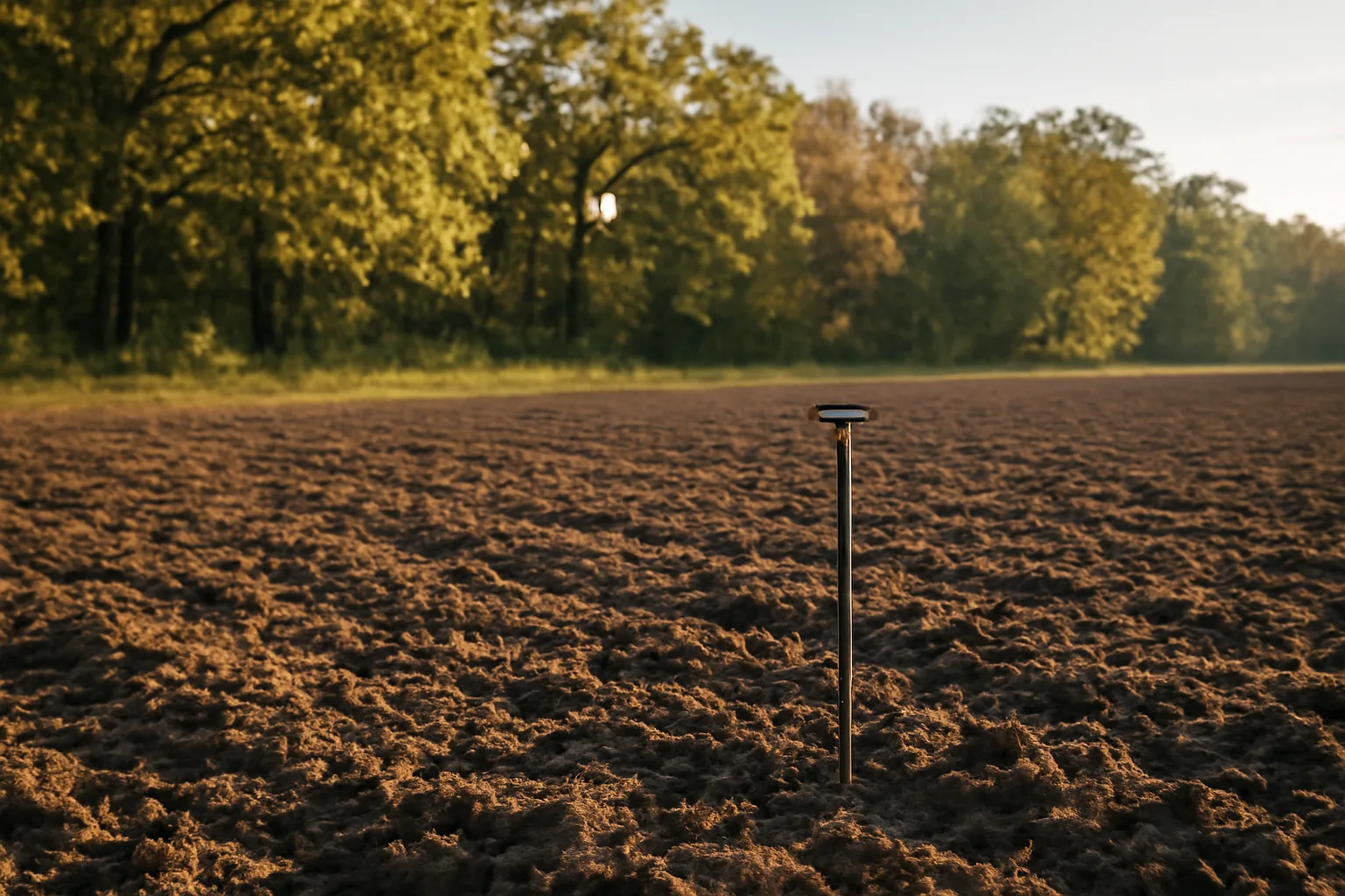 Freshly tilled deer food plot bordered by autumn hardwoods at golden hour