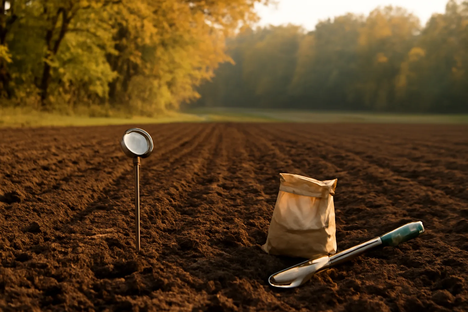 Freshly tilled food plot field with seeder and soil thermometer at planting time