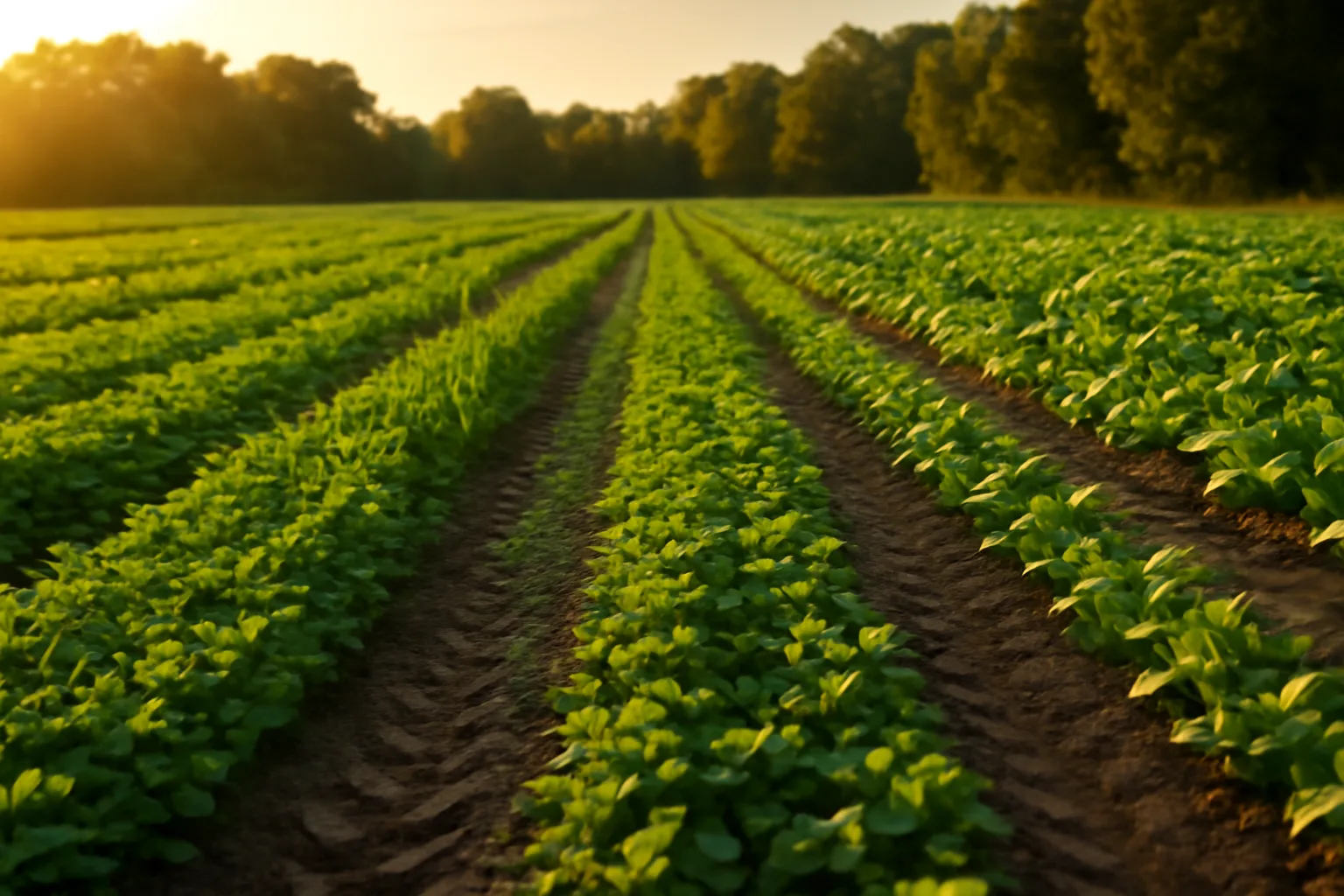 Mixed 7-way food plot seed field with clover, turnips, and grain at sunset