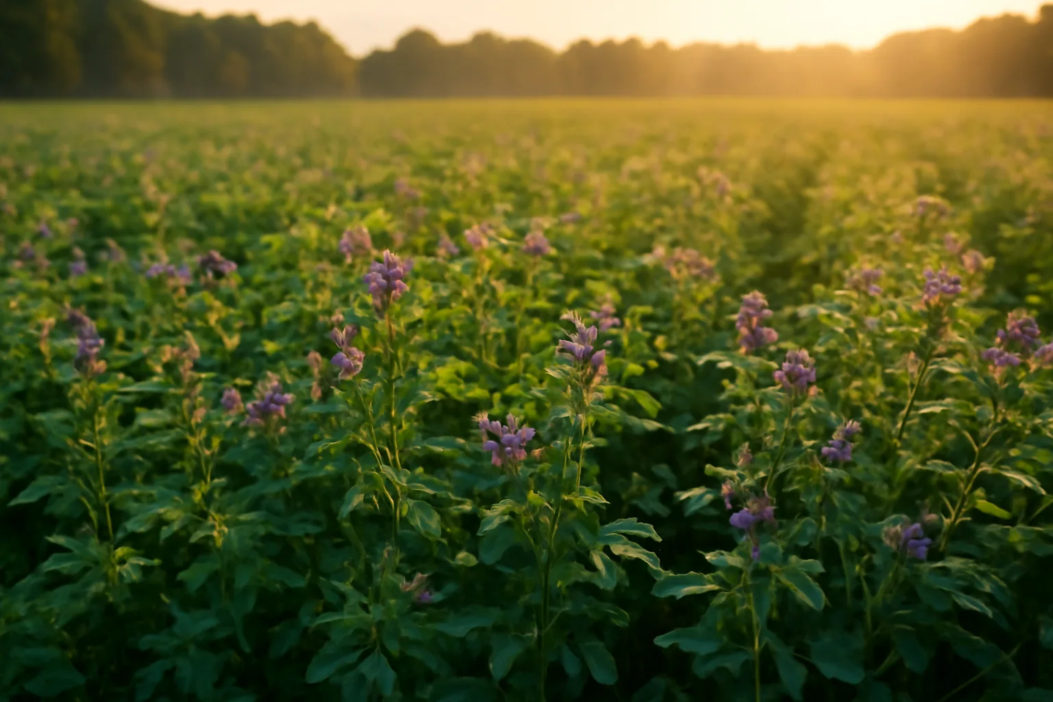 Golden hour light over a flowering alfalfa deer food plot near a tree line