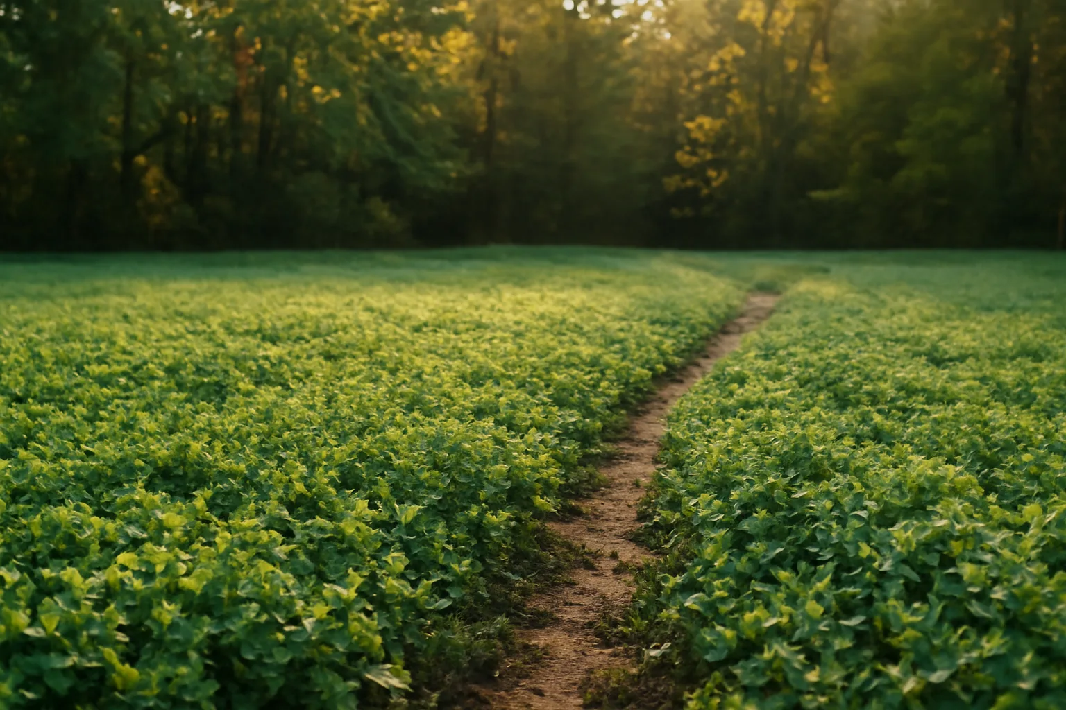 Sunlit alfalfa food plot with a deer trail leading into surrounding hardwood timber