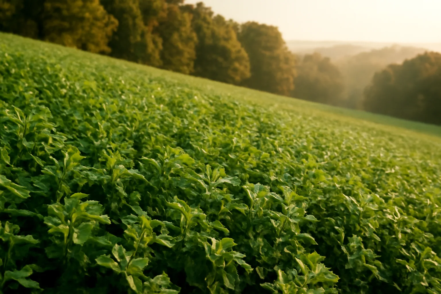 Dense green alfalfa food plot bordered by woods at golden hour