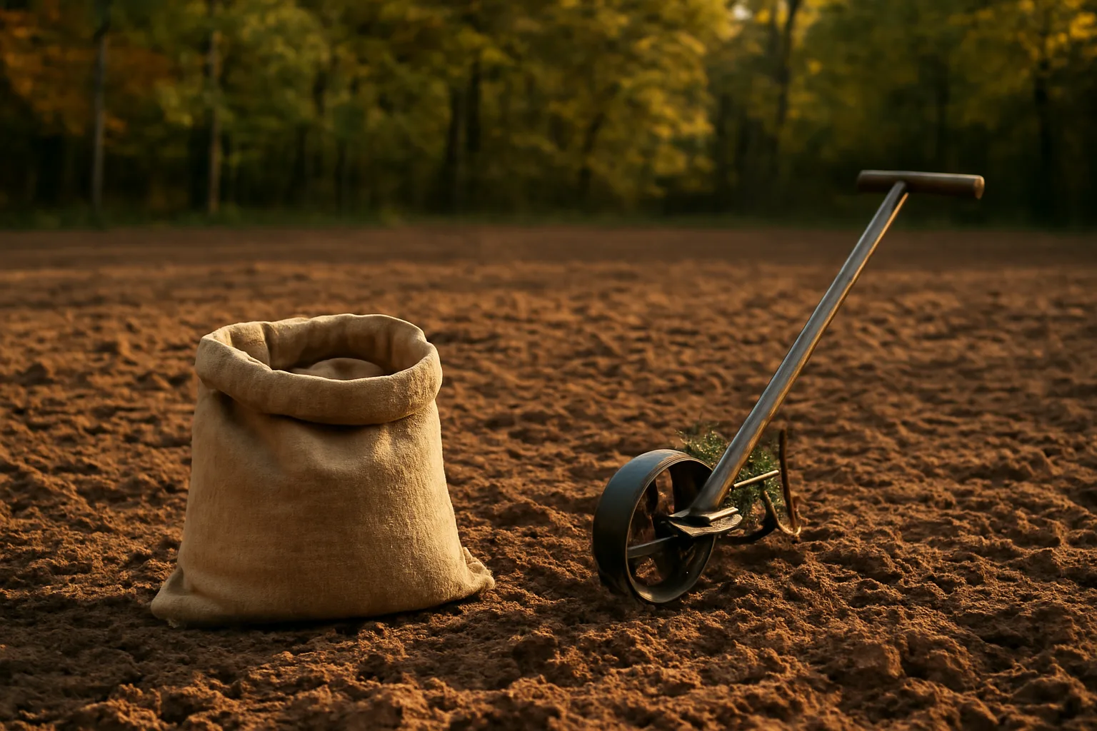 Freshly tilled deer food plot clearing with an open seed sack and hand spreader