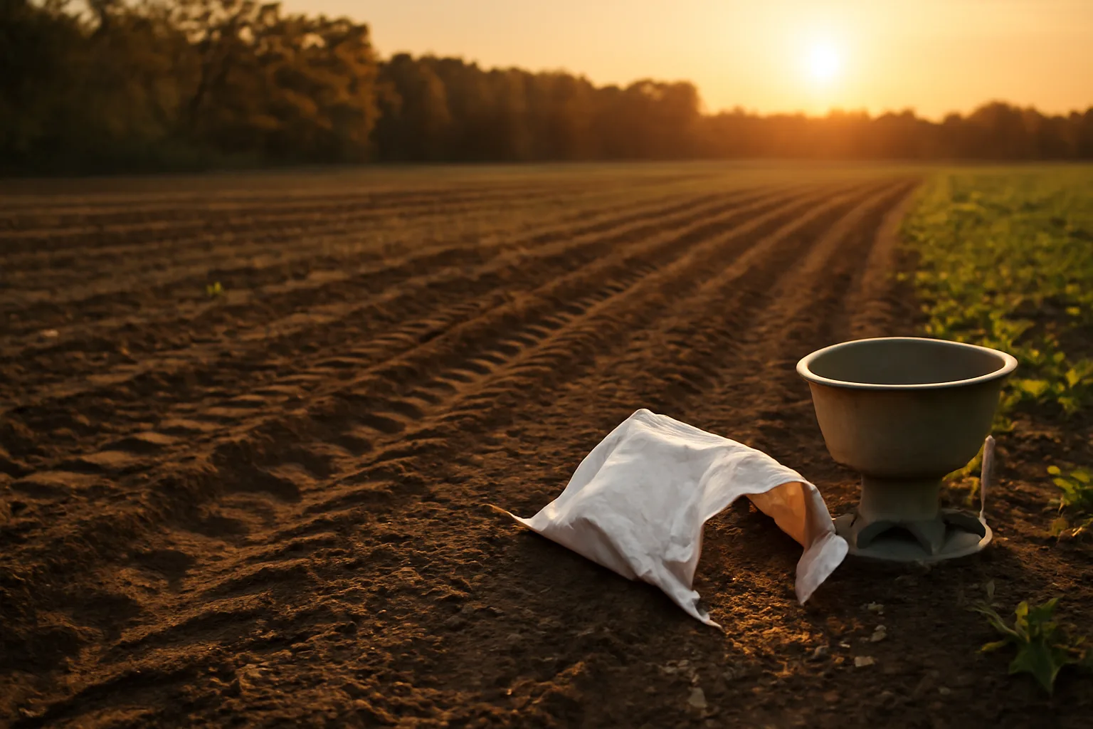 Freshly tilled food plot field at golden hour with seed bag and broadcaster on the ground
