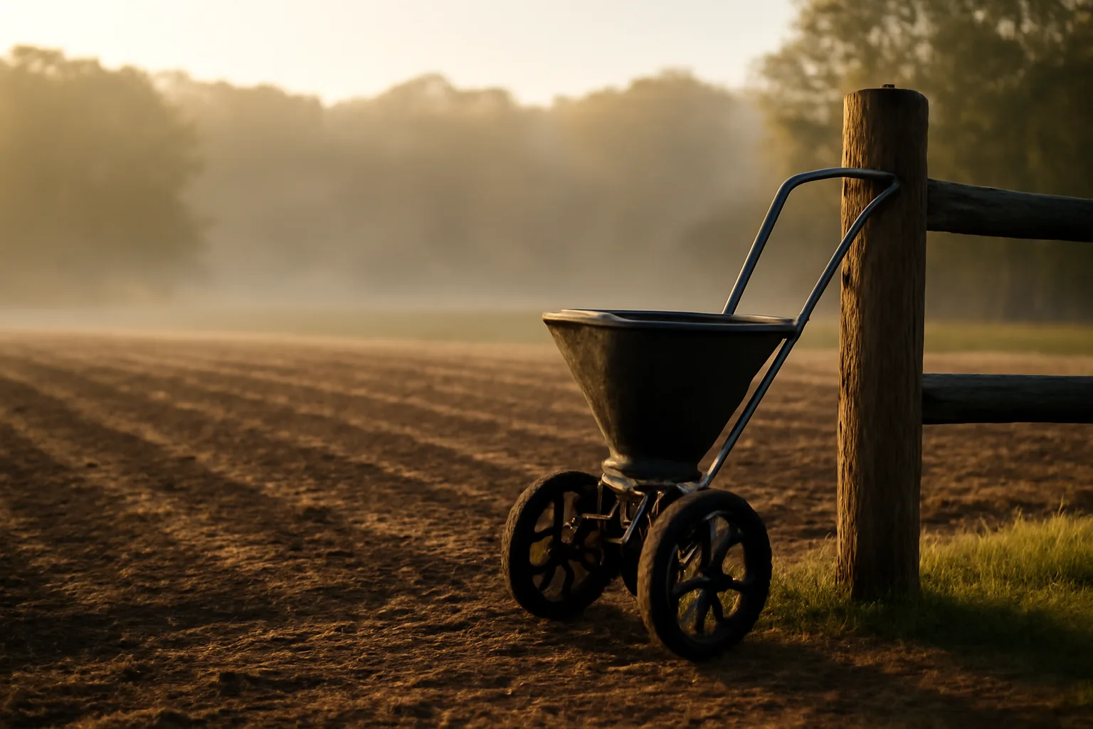 Freshly tilled food plot seedbed at dawn near a hardwood tree line
