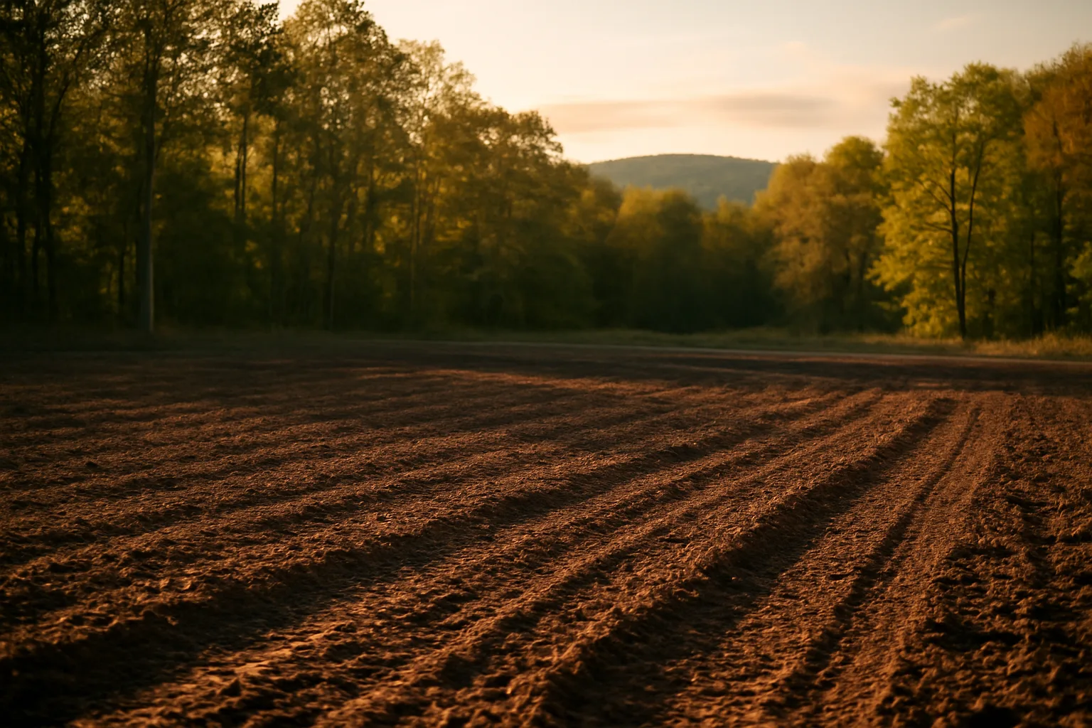 Freshly tilled food plot clearing in a Pennsylvania forest at golden hour