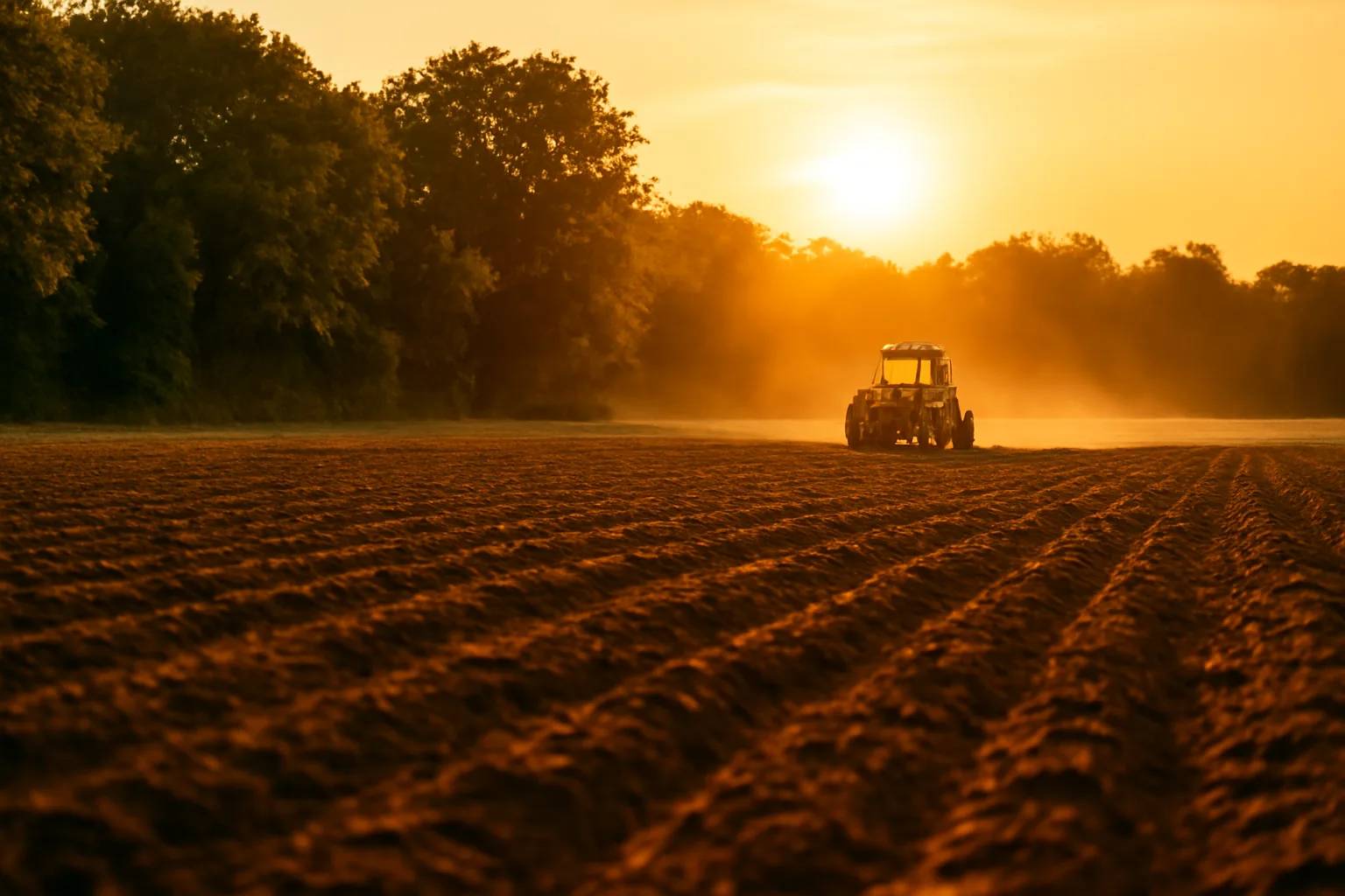 Freshly tilled food plot field at sunset ready for August planting