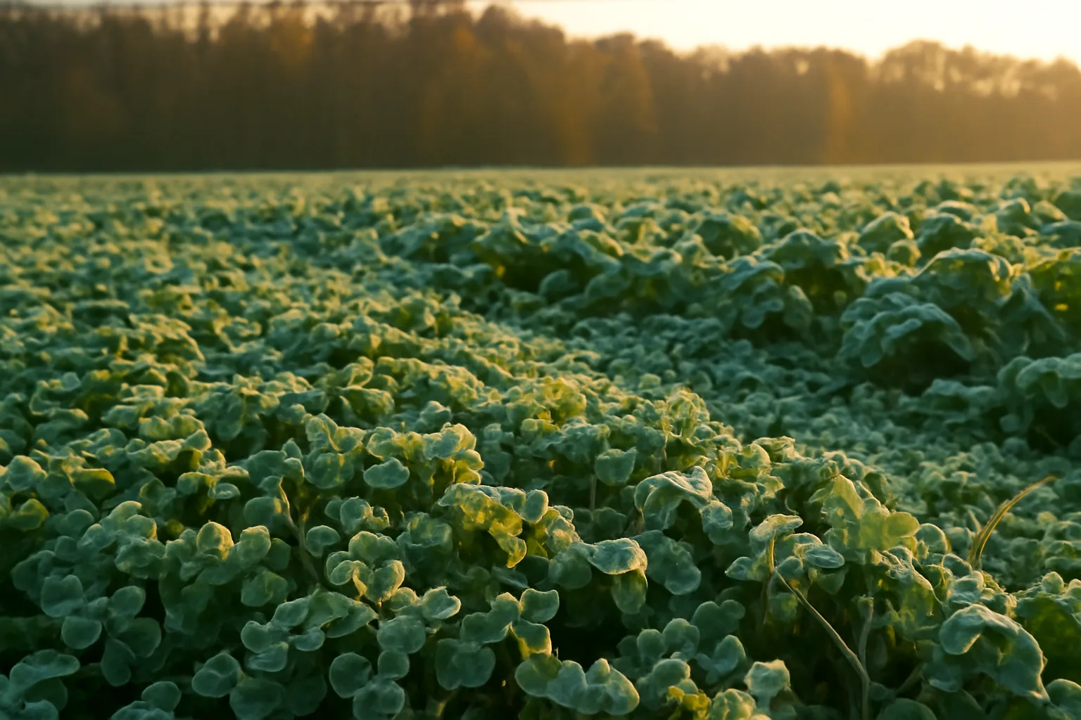 Frosted clover and brassica food plot at sunrise with wooded tree line