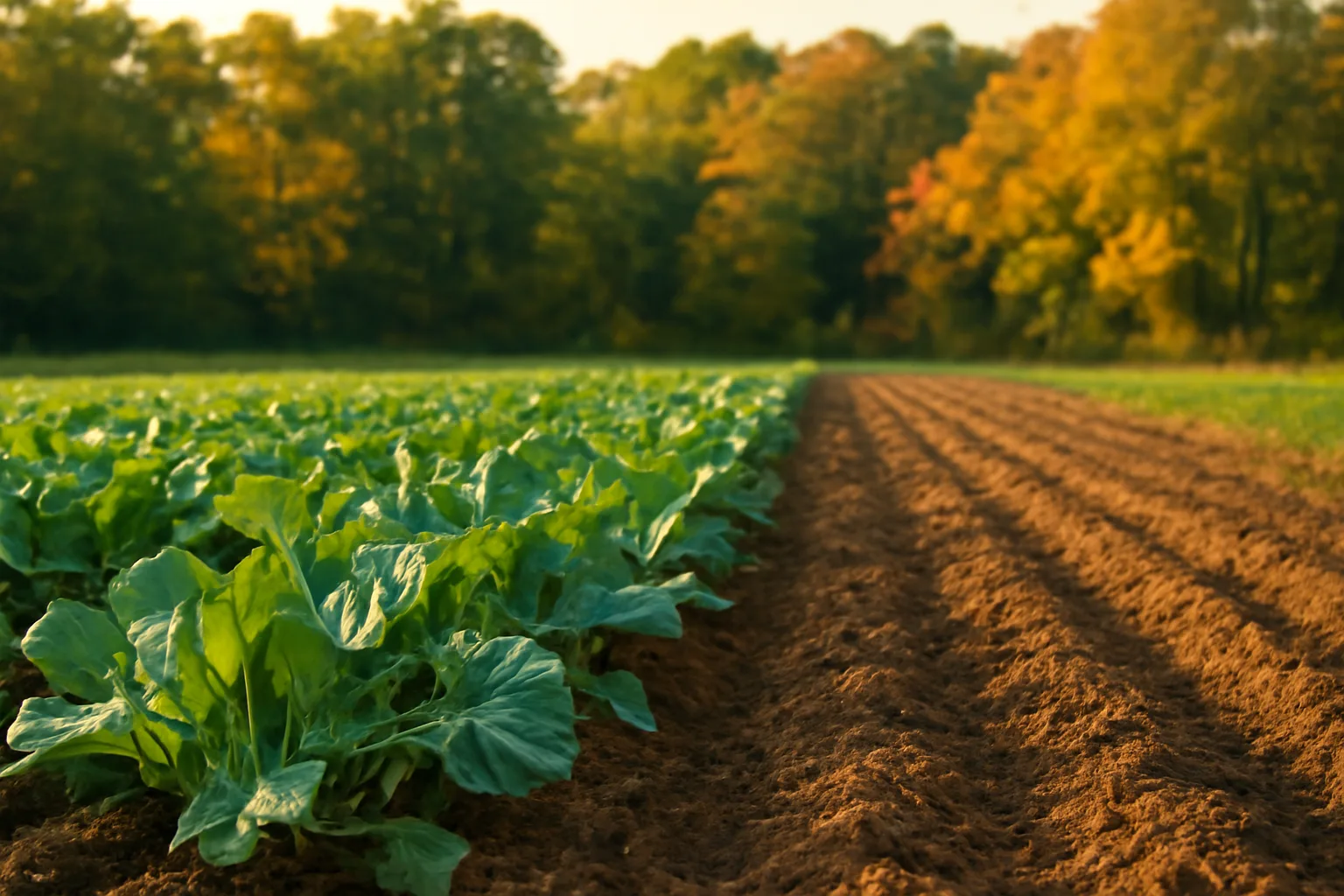 Fall food plot with brassica rows and turned soil bordering a hardwood tree line