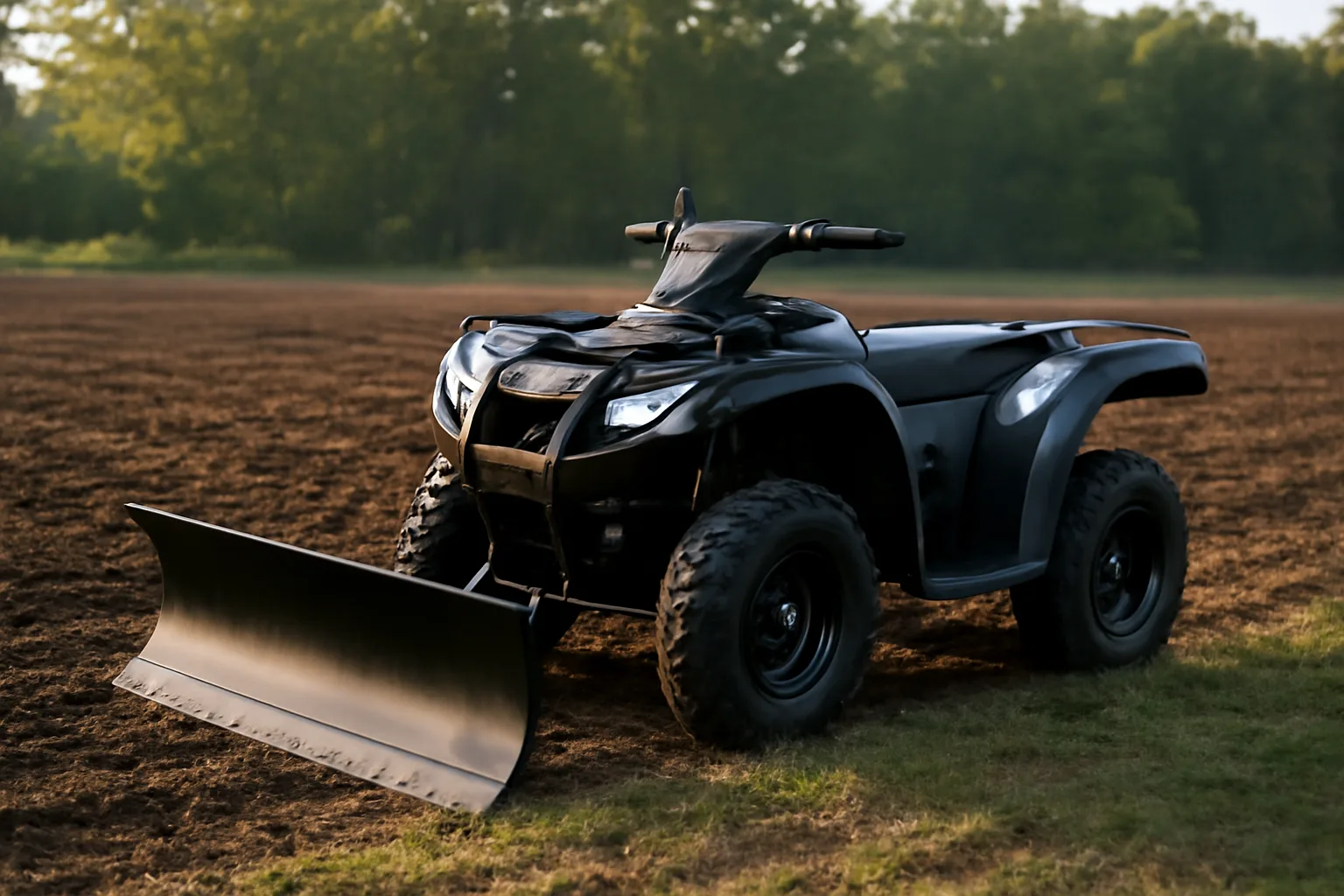 ATV with plow attachment parked beside a freshly tilled deer food plot at dawn