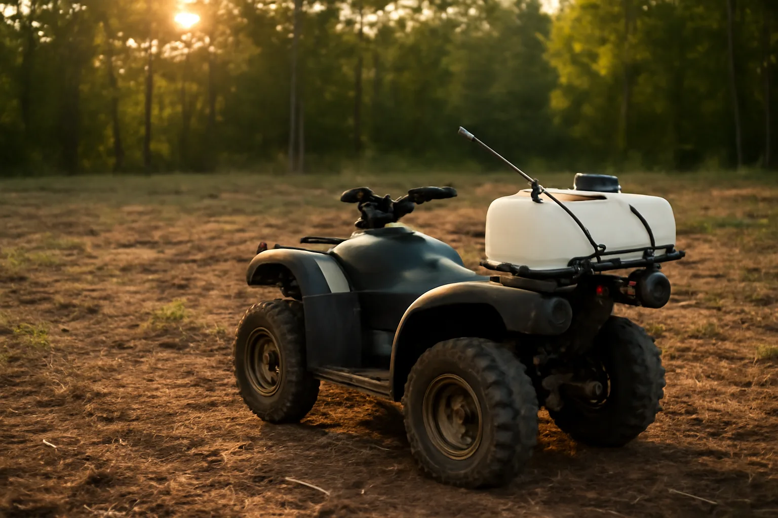 ATV with mounted tank sprayer parked at edge of a cleared food plot