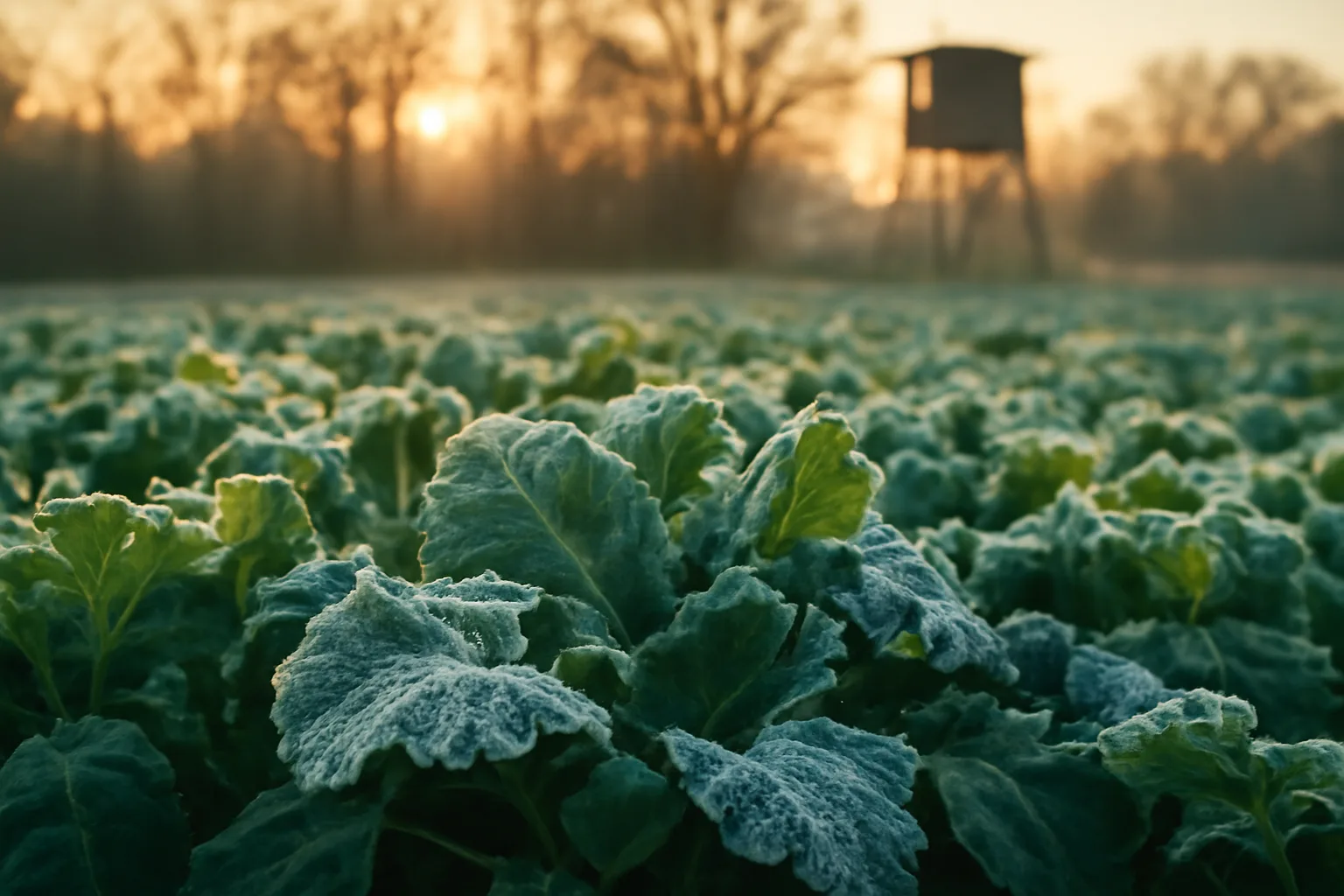 Frost-covered brassica food plot with turnip and rape leaves in late fall light