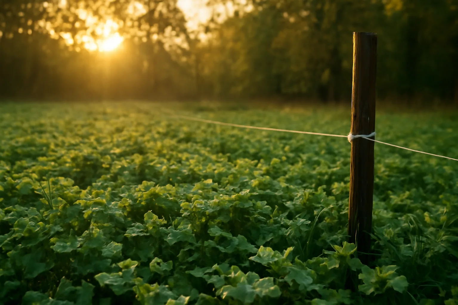 Dense green clover food plot at forest edge in early morning light