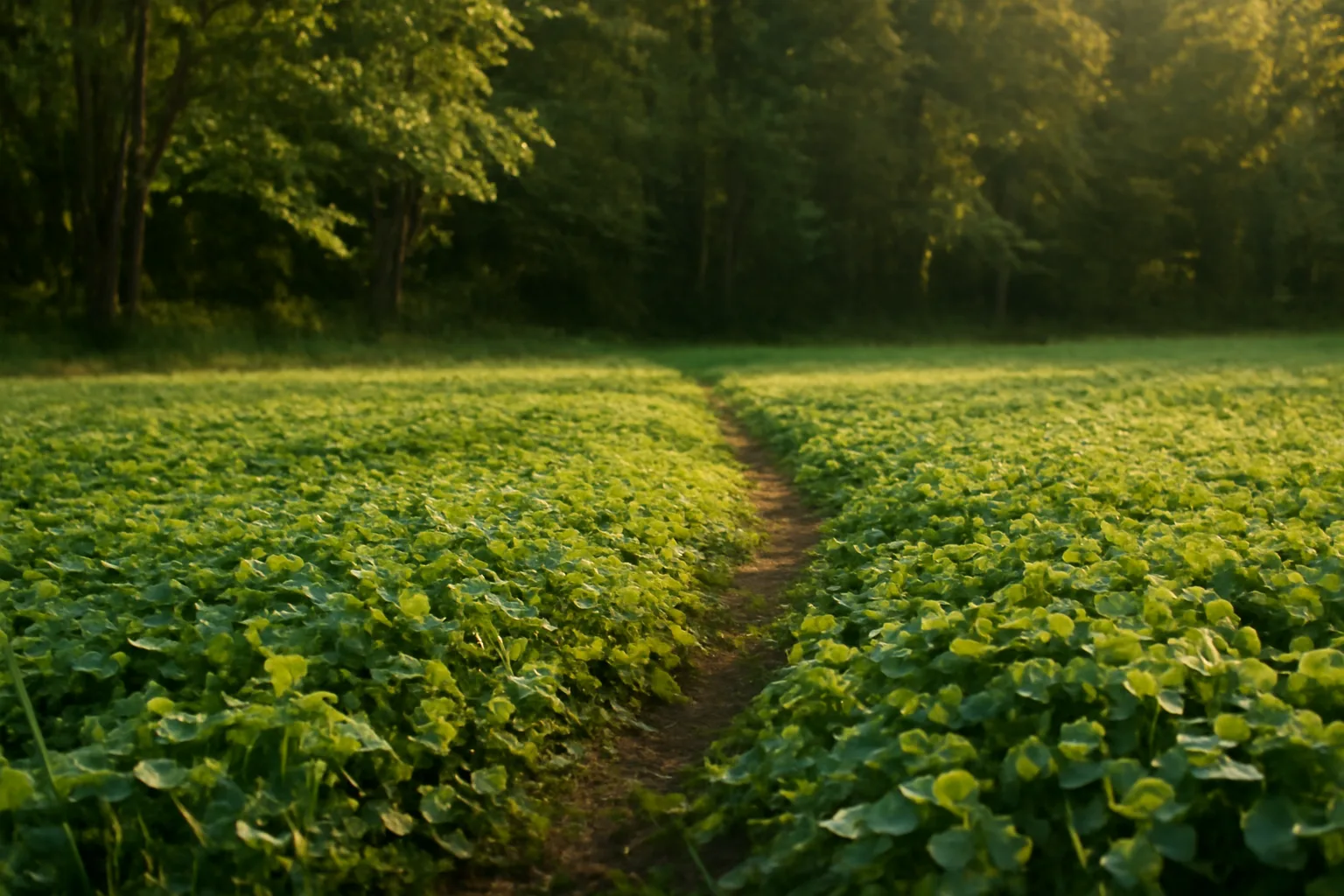 Dense green clover food plot bordered by hardwoods with a deer trail entrance
