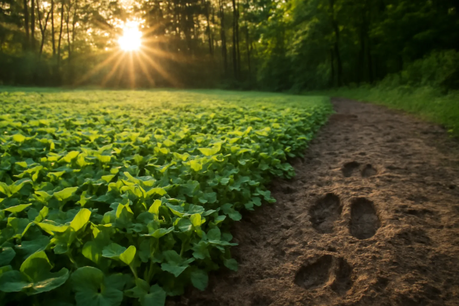 Dense green clover food plot at sunrise bordered by hardwood forest with visible deer tracks