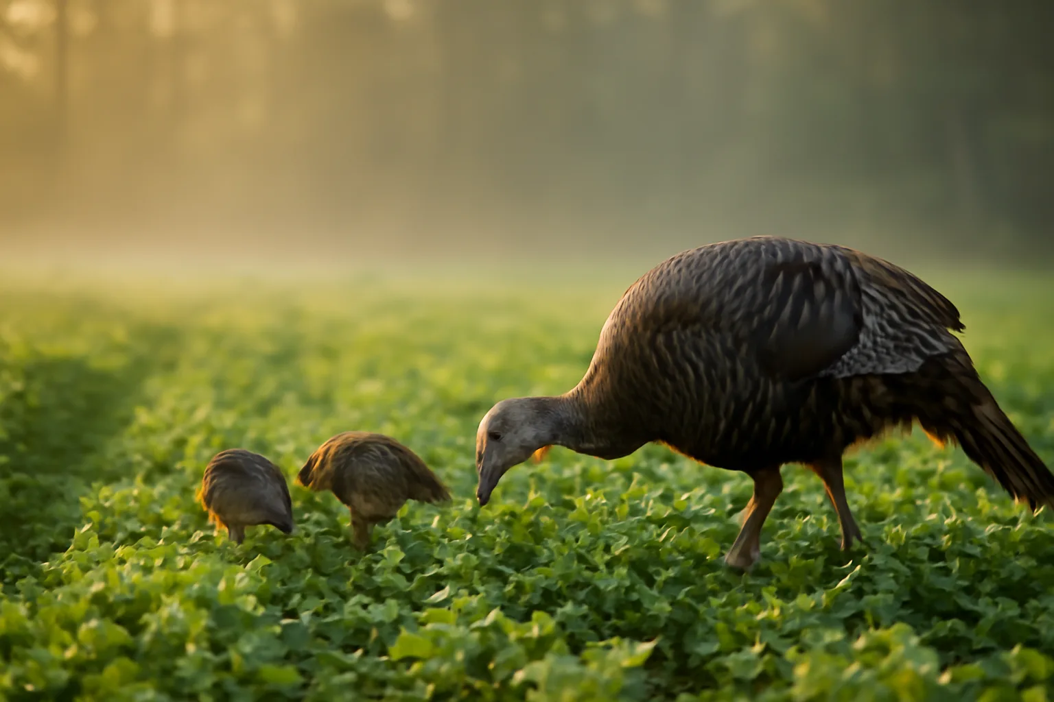 wild turkey hen and poults feeding in a dewy clover food plot at dawn