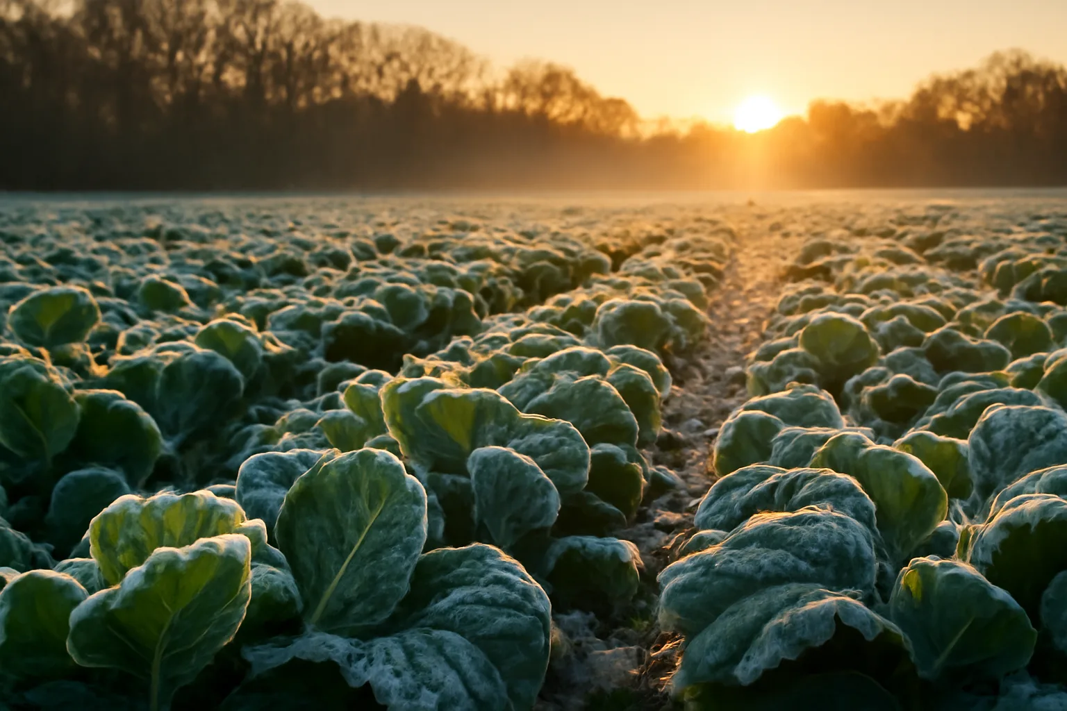 Frost-covered brassica food plot at sunrise showing cold weather deer forage