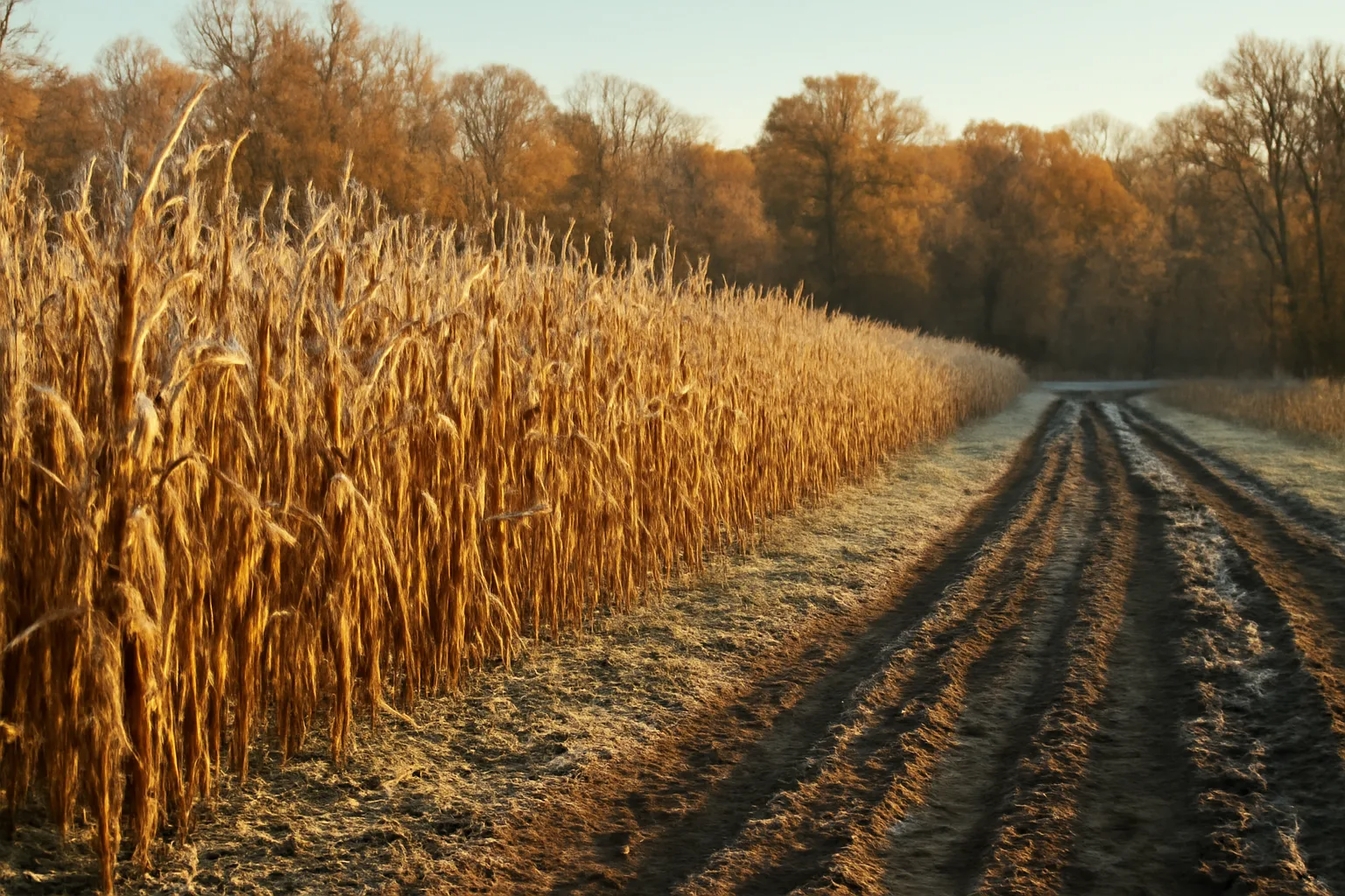 Standing corn food plot at dawn bordered by frosted hardwood timber