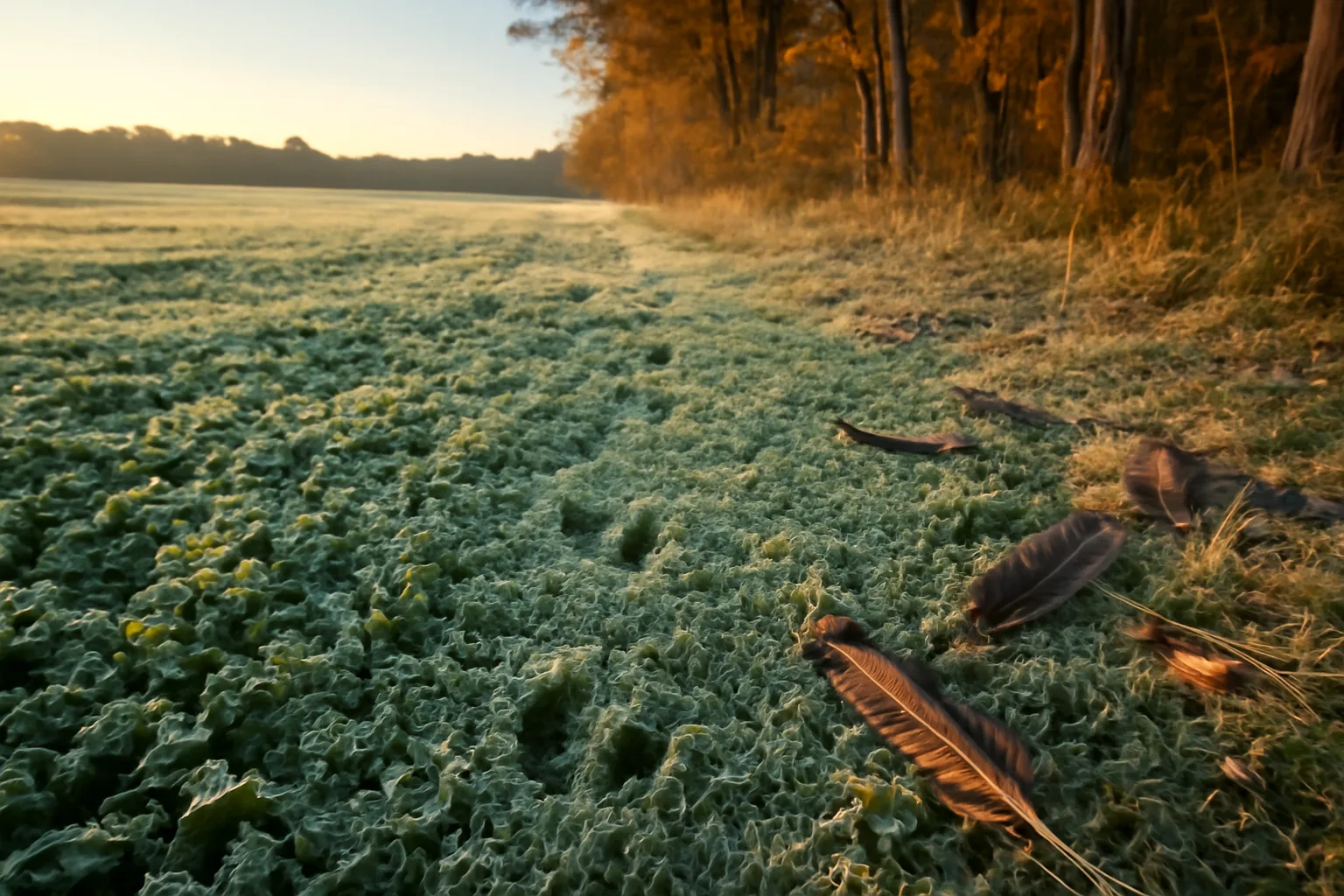 Frost-covered clover food plot at sunrise bordering a hardwood tree line