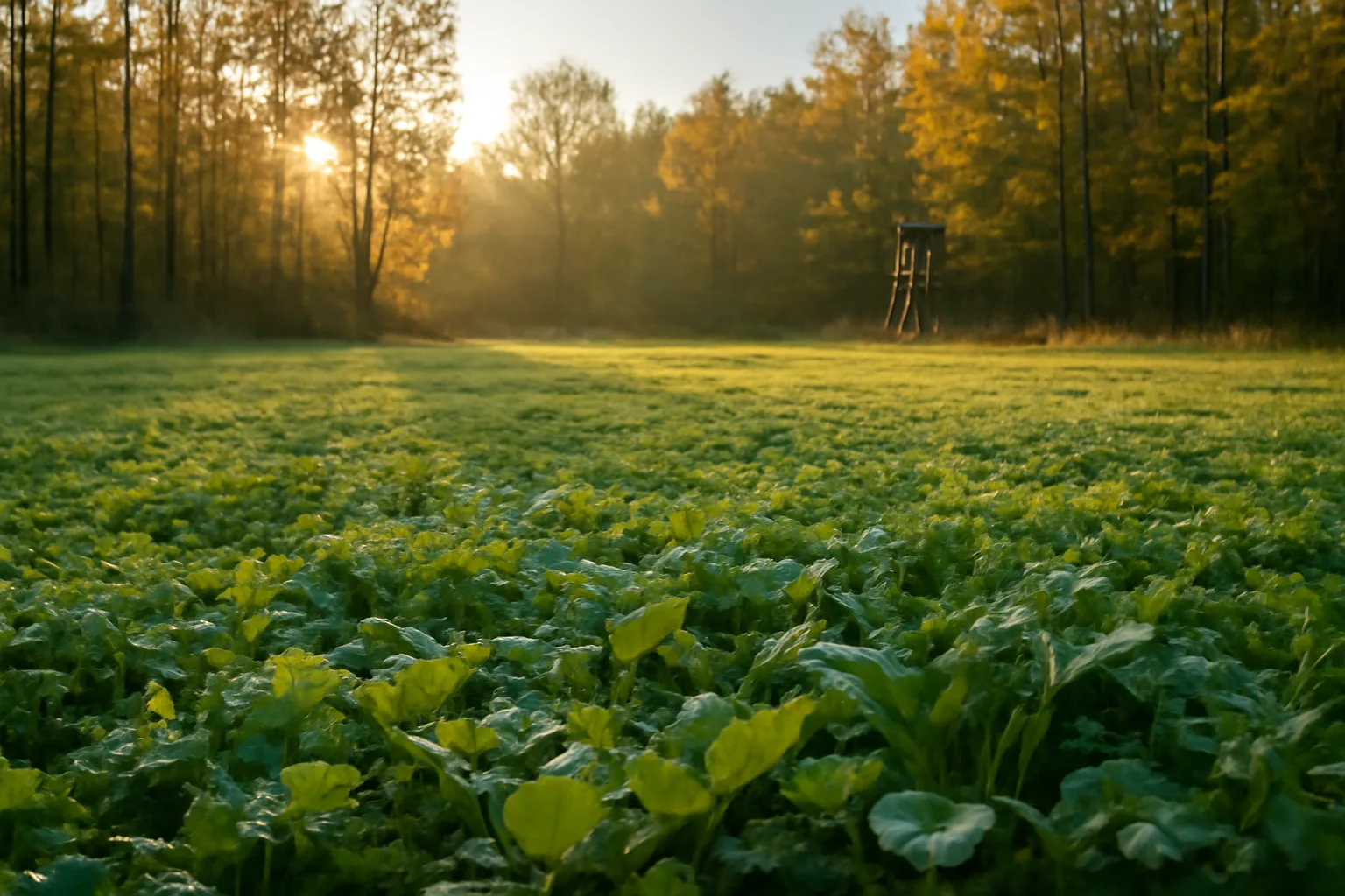 Northeast deer food plot clearing with clover and brassicas at forest edge in fall light