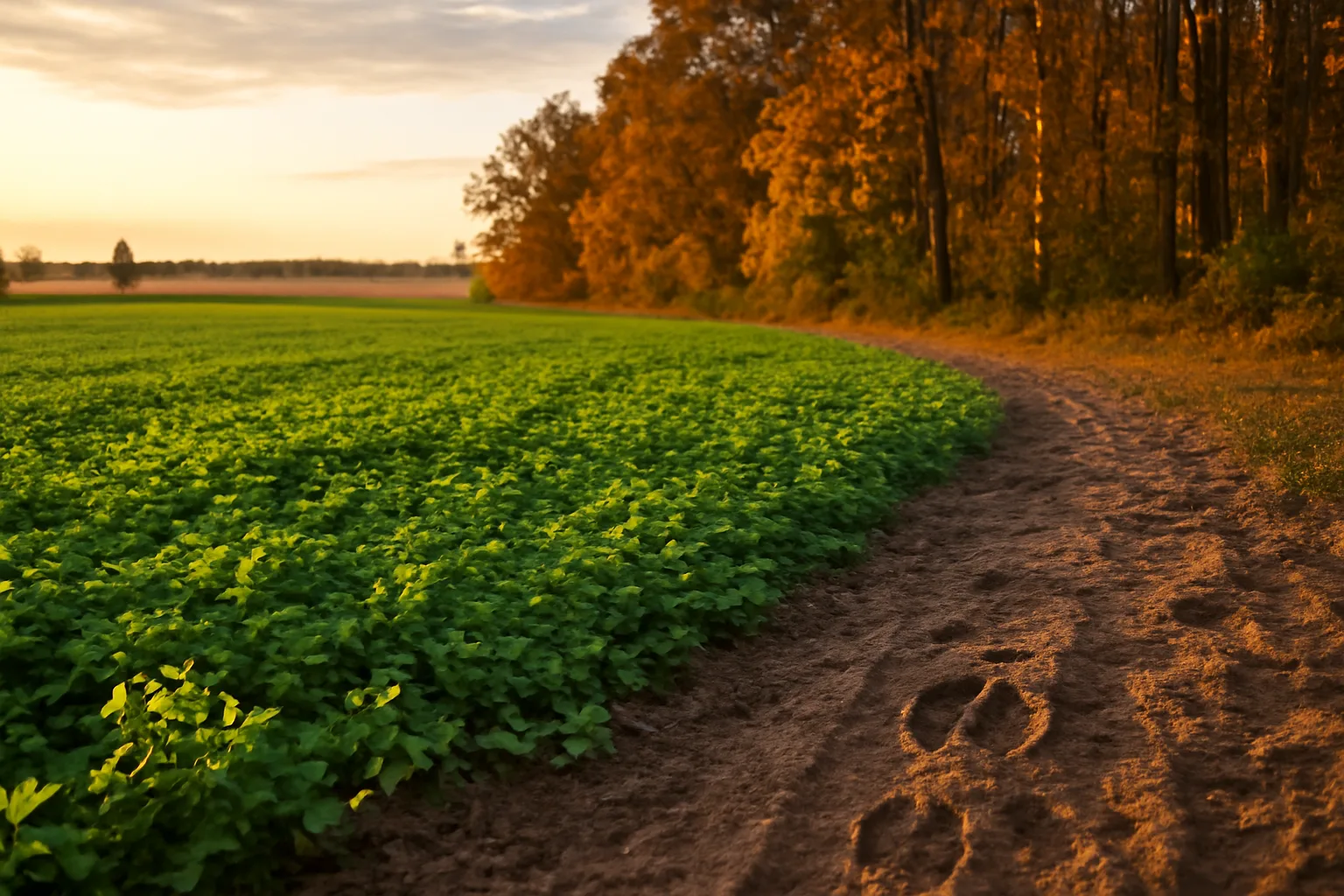 Clover food plot edge at sunset bordered by Ohio hardwoods in fall
