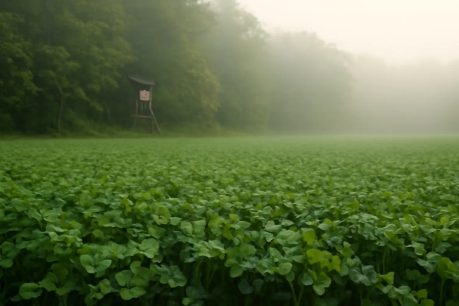 Clover food plot bordering hardwood forest ridge in Pennsylvania at dawn