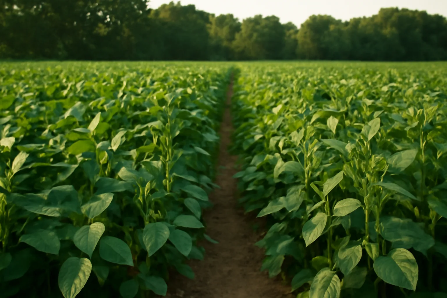 Lush green summer deer food plot of soybeans and cowpeas bordered by woods