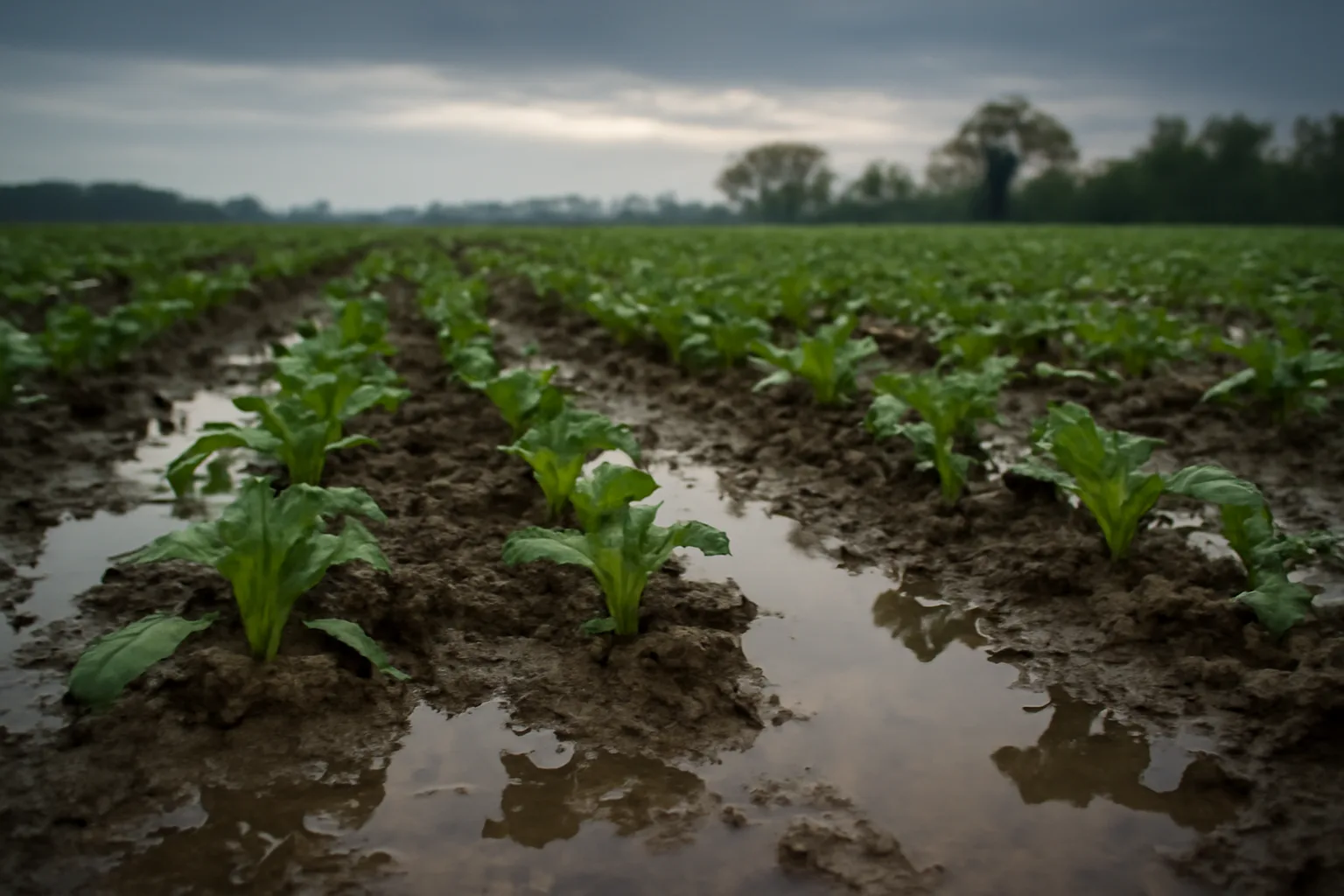 Wet, puddled food plot field with young brassica shoots growing between standing water rows