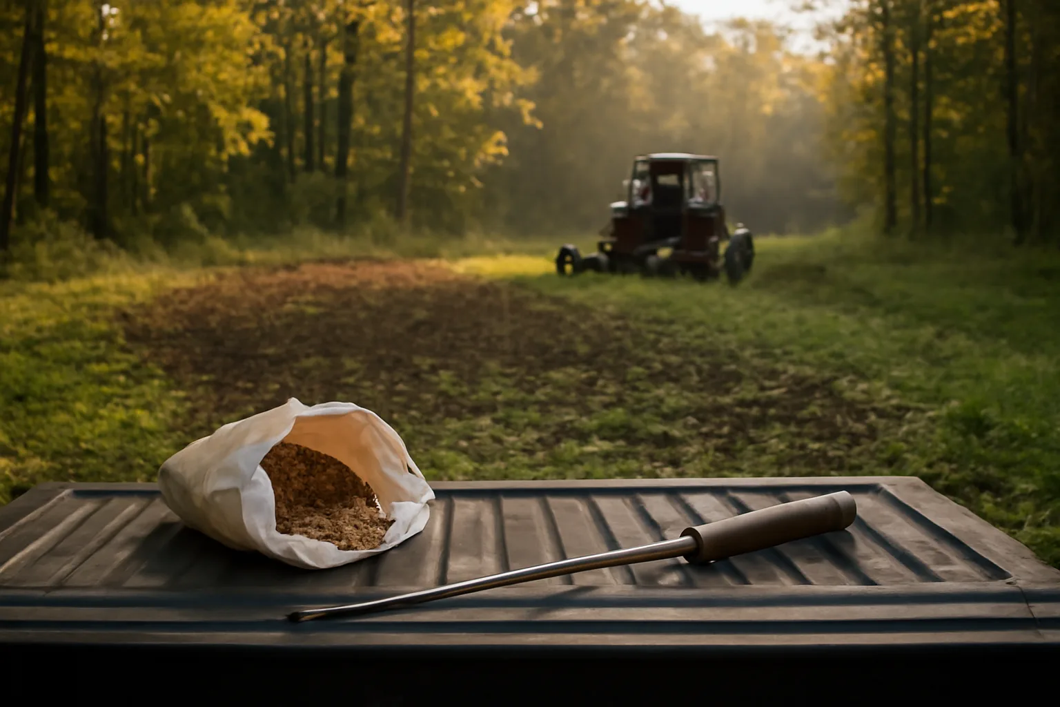 Food plot clearing at sunset with seed bag and soil probe on truck tailgate