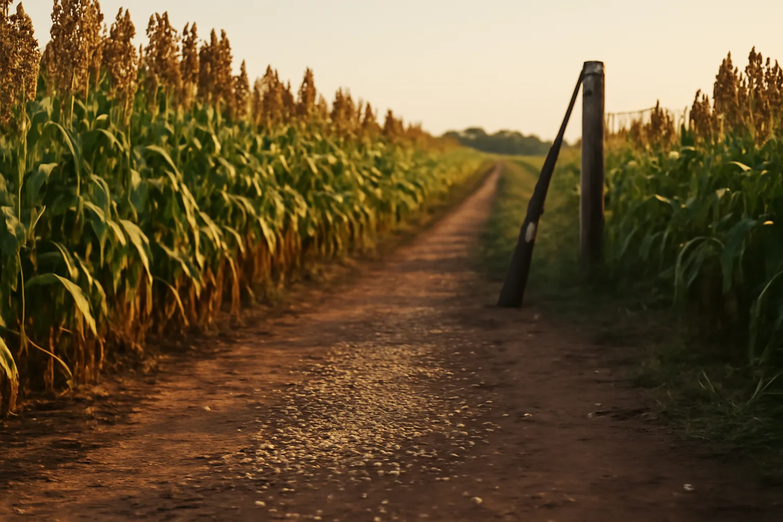 Mowed strip through a sorghum dove field with grain scattered on bare ground at sunset