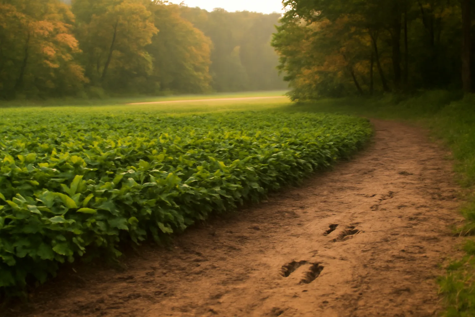 Green soybean food plot bordered by autumn hardwoods at golden hour