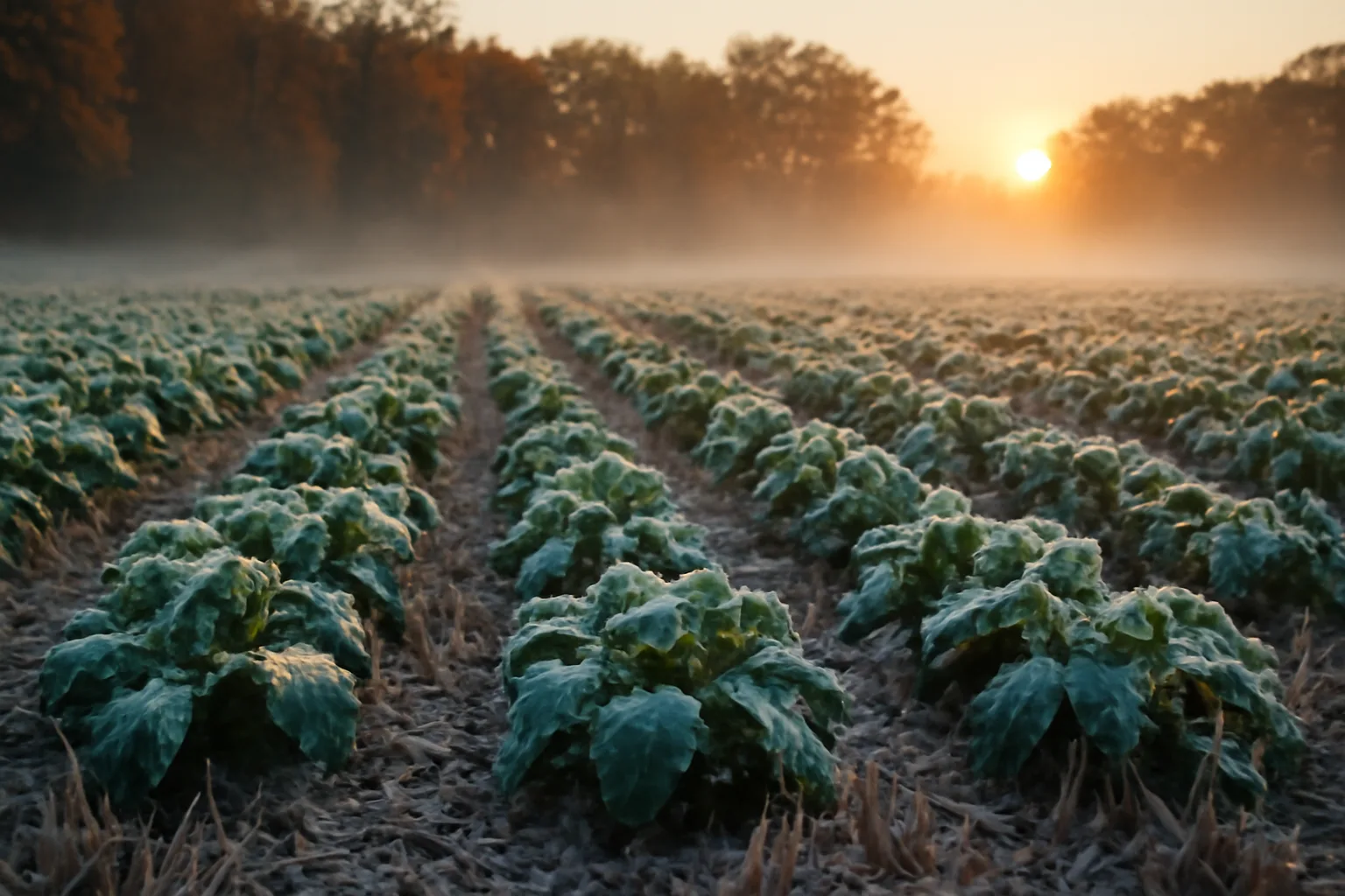 frosted fall deer food plot with brassica and grain rows at sunrise