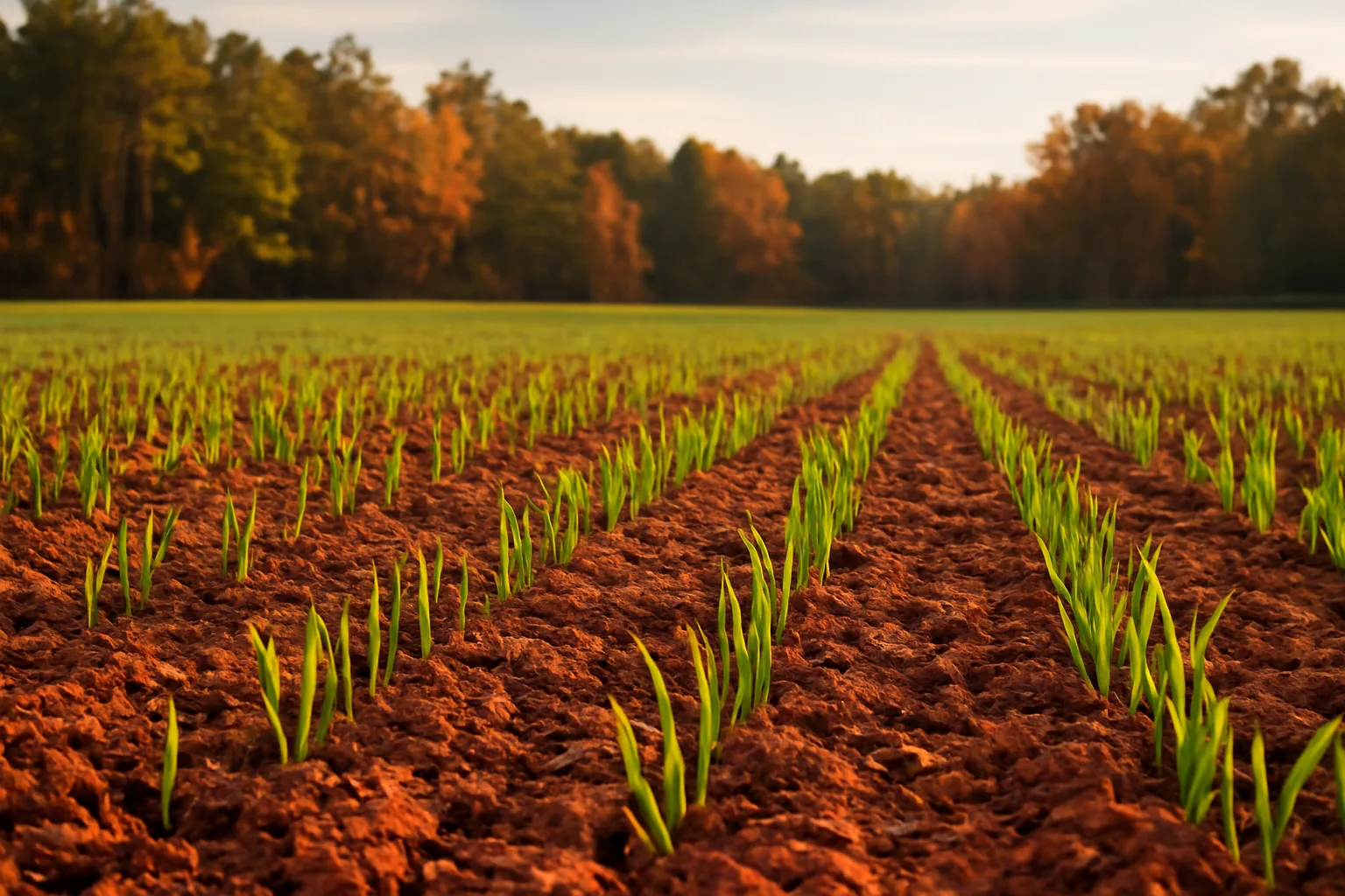 Freshly planted fall food plot with young oat seedlings in Georgia red clay soil