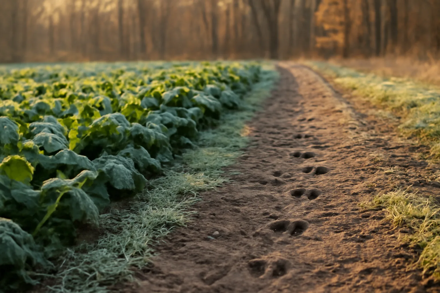 Frost-covered brassica food plot edge bordered by Michigan hardwood forest at dusk