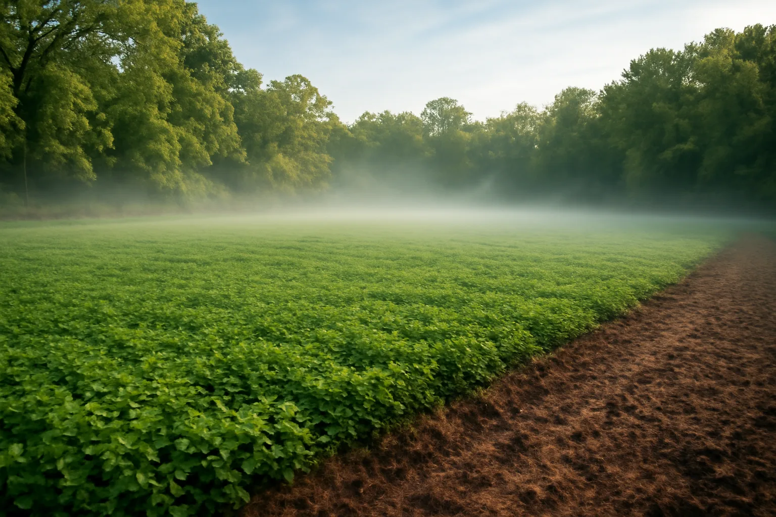 Green clover food plot bordered by autumn hardwoods in early morning light