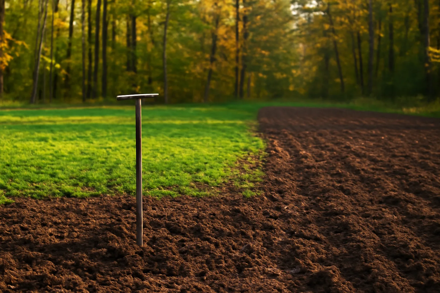 Tilled food plot soil next to green clover growth with a soil probe in the ground