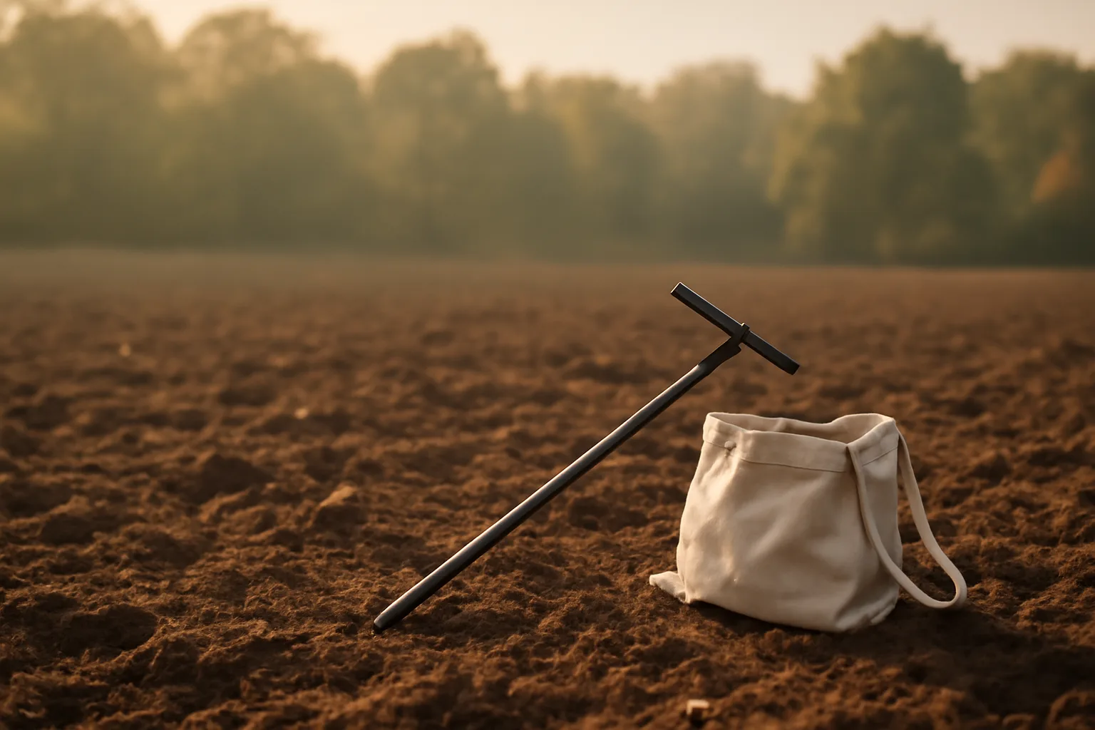 Soil probe and sample bag on freshly tilled fall food plot ground at dusk