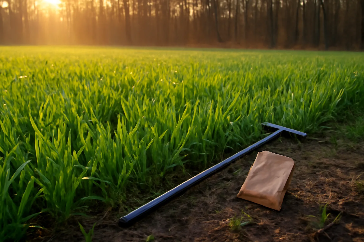 Winter wheat food plot at sunrise with soil sample bag resting near the edge