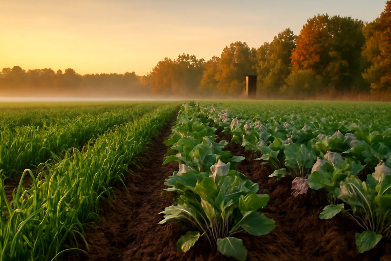 Fall food plot with oats and turnips growing near a wooded tree line at sunrise
