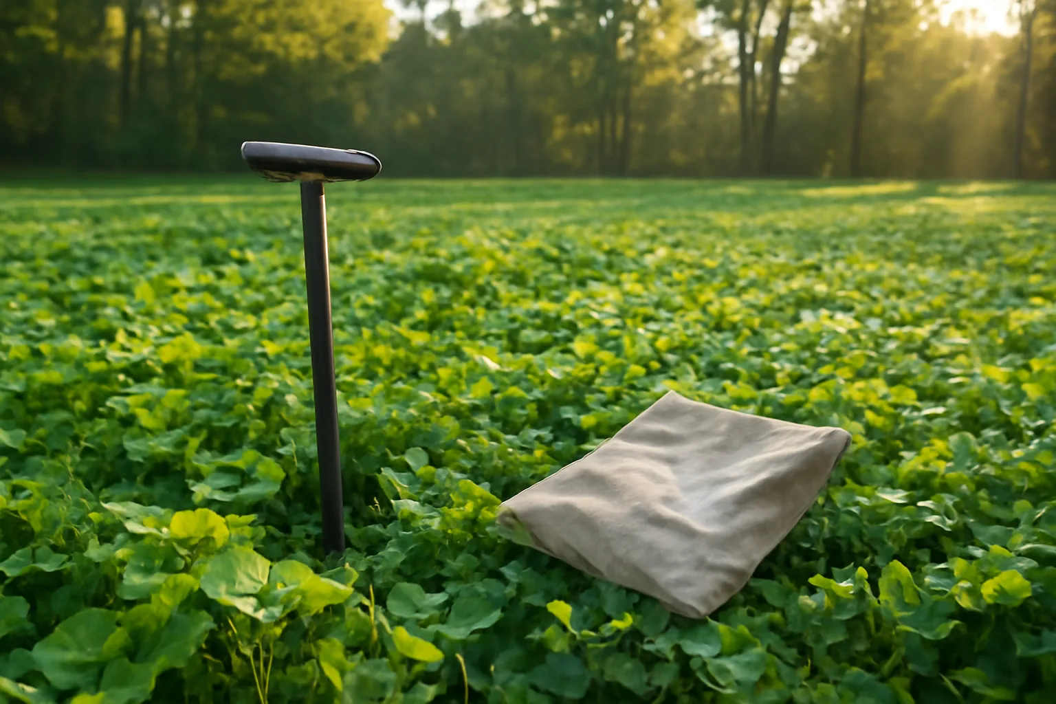Dew-covered clover food plot at sunrise bordered by hardwood forest edge