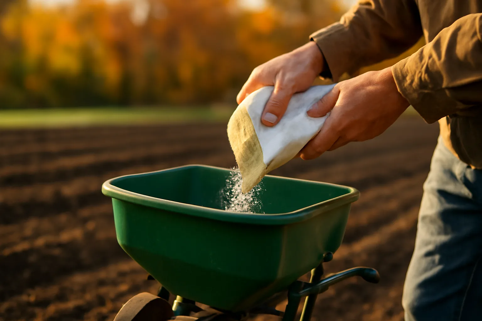 Hand pouring granular food plot fertilizer into a spreader at field edge