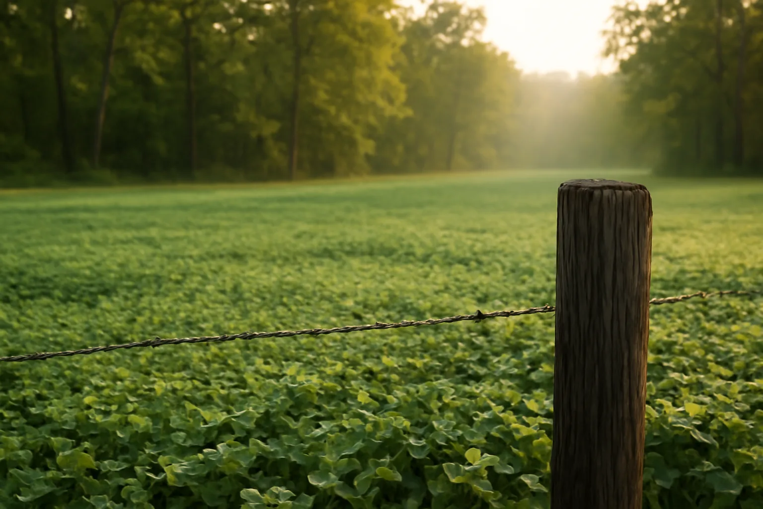 Dew-covered clover food plot at sunrise bordered by Arkansas hardwood timber