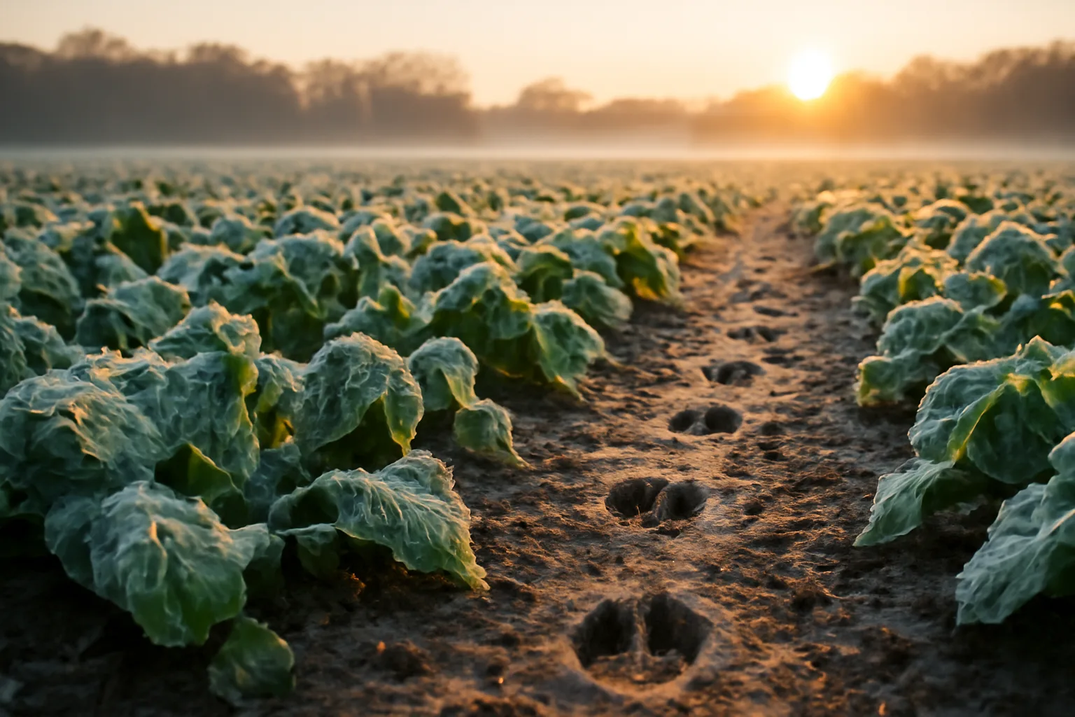 Frost-covered brassica food plot at dawn with deer tracks visible in soil