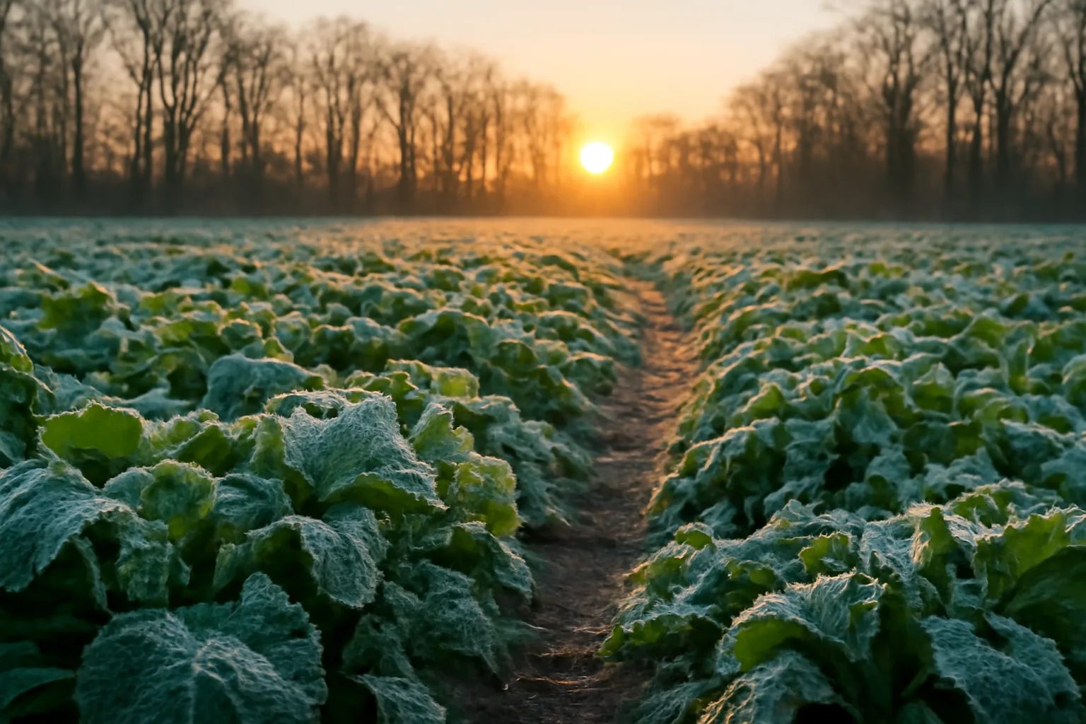 Frost-covered fall food plot of turnips at sunrise near a hardwood tree line